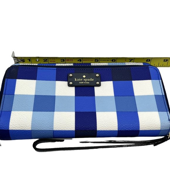 Kate Spade 4x8 Blue Gingham Checkered Leather Wallet - Picture 7 of 10